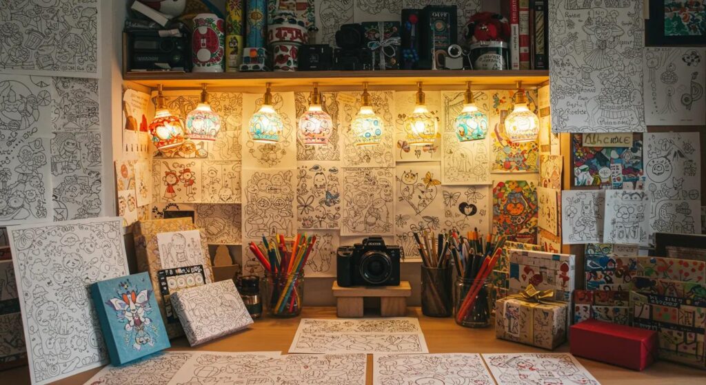 a vibrant workspace filled with an array of colorful, finished coloring pages adorning walls as cheerful decorations, alongside personalized gift-wrapped items, all softly illuminated by warm indoor lighting.
