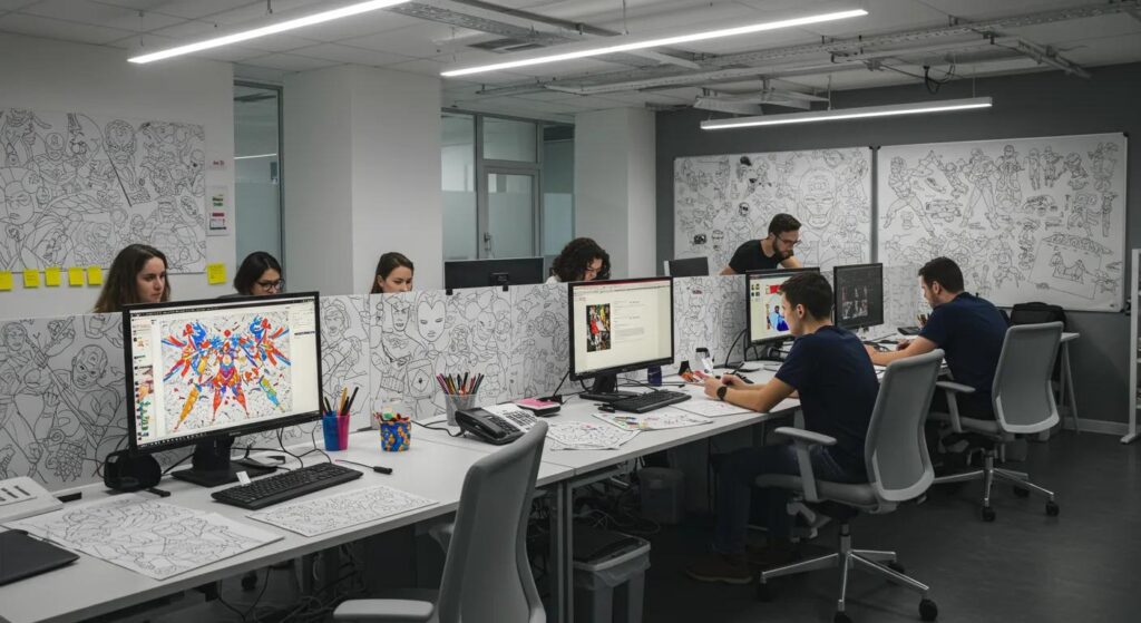 a vibrant, well-organized office workspace filled with colorful marvel-themed coloring pages, showcasing professional designers collaborating at sleek workstations, illuminated by bright overhead lights that emphasize creativity in action.