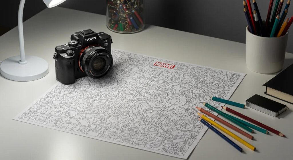 a cozy, well-lit adult workspace features an intricately detailed marvel superhero coloring page spread out on a sleek desk, with vibrant colored pencils neatly arranged alongside, inviting creativity and relaxation.