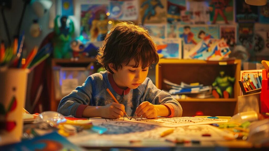 a colorful and dynamic indoor scene captures a spirited young boy engaged in coloring intricate superhero outlines, surrounded by action-packed superhero coloring sheets showcasing figures like catwoman and supergirl, with a bright desk and creative chaos highlighting his imaginative process.
