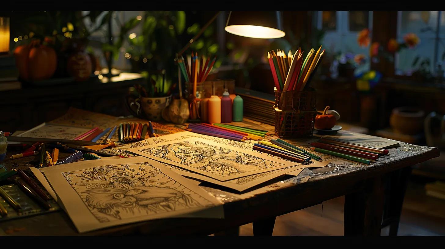 a cozy, dimly lit artistic studio filled with whimsical halloween-themed coloring pages scattered on a stylish wooden table, accompanied by vibrant colored pencils and mood-enhancing candles, inviting a sense of creativity and relaxation.