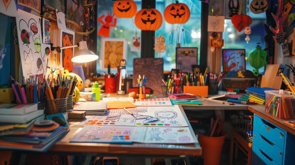 a creatively cluttered workspace features vibrant halloween-themed coloring pages, an array of colorful markers, and whimsical decorations, all highlighted by warm, inviting overhead lighting that inspires artistic exploration.