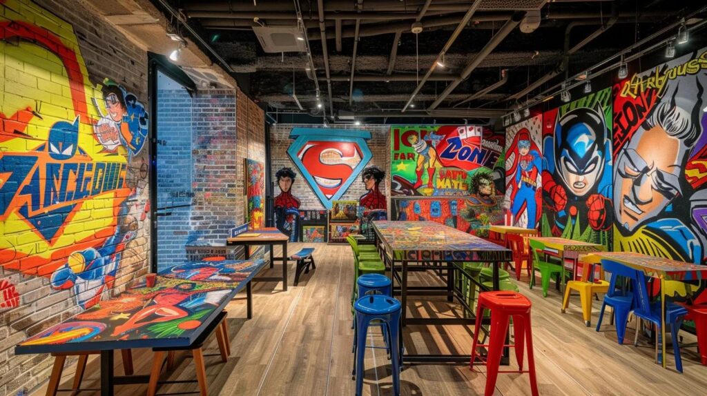 a dynamic urban art studio showcases a vibrant array of superhero coloring pages pinned on the walls, featuring bold designs and vivid action scenes that captivate young boys' imaginations.