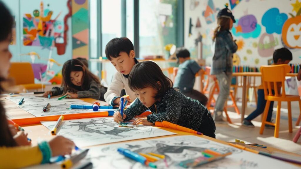 a lively, bright office space filled with young children enthusiastically coloring vibrant halloween-themed sheets featuring playful illustrations of dracula and a black cat, with colorful markers scattered around them, embodying the spirit of creativity and seasonal fun.