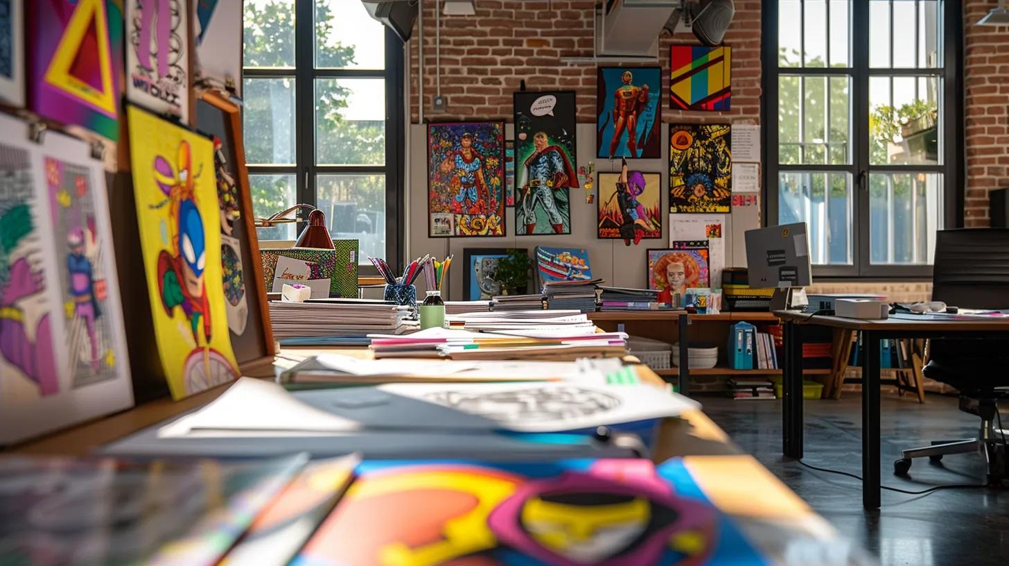 a vibrant and dynamic workspace showcases a large table strewn with colorful superhero coloring book pages, featuring bold characters and action-packed scenes that captivate young imaginations.