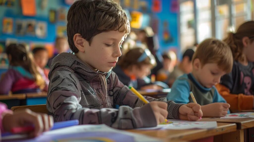 a vibrant, bustling classroom filled with young boys eagerly engaged in coloring superhero-themed sheets, showcasing their creativity and concentration under bright, focused lighting.
