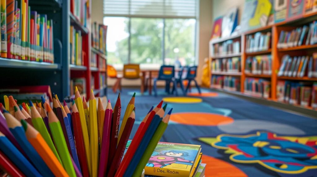a vibrant, cheerful library corner filled with diverse superhero coloring books and a colorful assortment of colored pencils, inviting children and parents to explore their creativity and interests together.