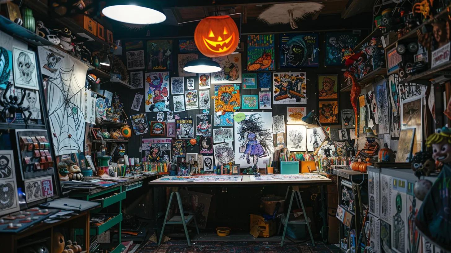 a vibrant, cluttered artist's studio filled with imaginative halloween-themed coloring projects, featuring colorful illustrations of spooky characters and intricate designs spread across the workspace under bright overhead lights.