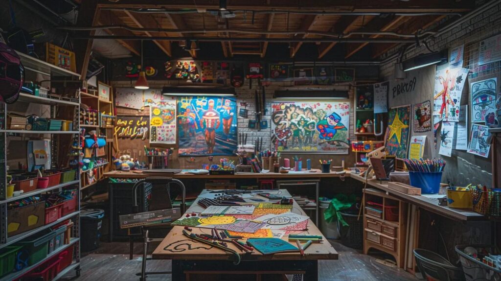 a vibrant, creatively cluttered children's art studio filled with colorful superhero-themed coloring sheets, crayons scattered across a large table, and a wall adorned with crayon-drawn superhero sketches, all illuminated by bright, playful lighting.
