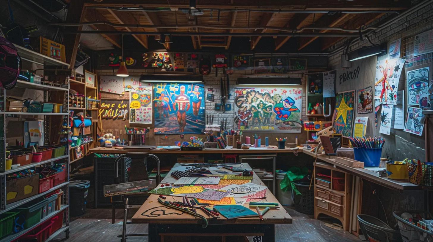 a vibrant, creatively cluttered children's art studio filled with colorful superhero-themed coloring sheets, crayons scattered across a large table, and a wall adorned with crayon-drawn superhero sketches, all illuminated by bright, playful lighting.