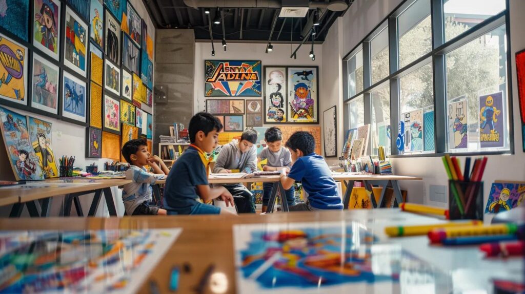 a vibrant, interactive coloring workshop in a modern office space, filled with boys enthusiastically engaged in coloring superhero images, surrounded by colorful art supplies and displayed finished artworks on the walls.