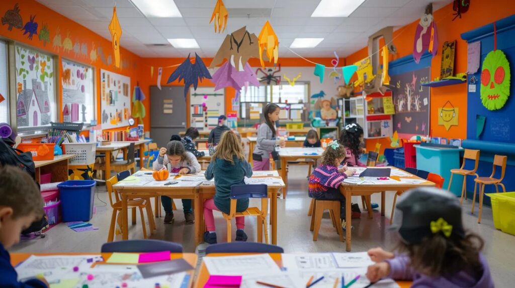 a vibrant, organized classroom is filled with kids eagerly coloring intricate halloween-themed pages featuring whimsical scarecrows and haunting houses, surrounded by festive decorations that enhance their imaginative experience.