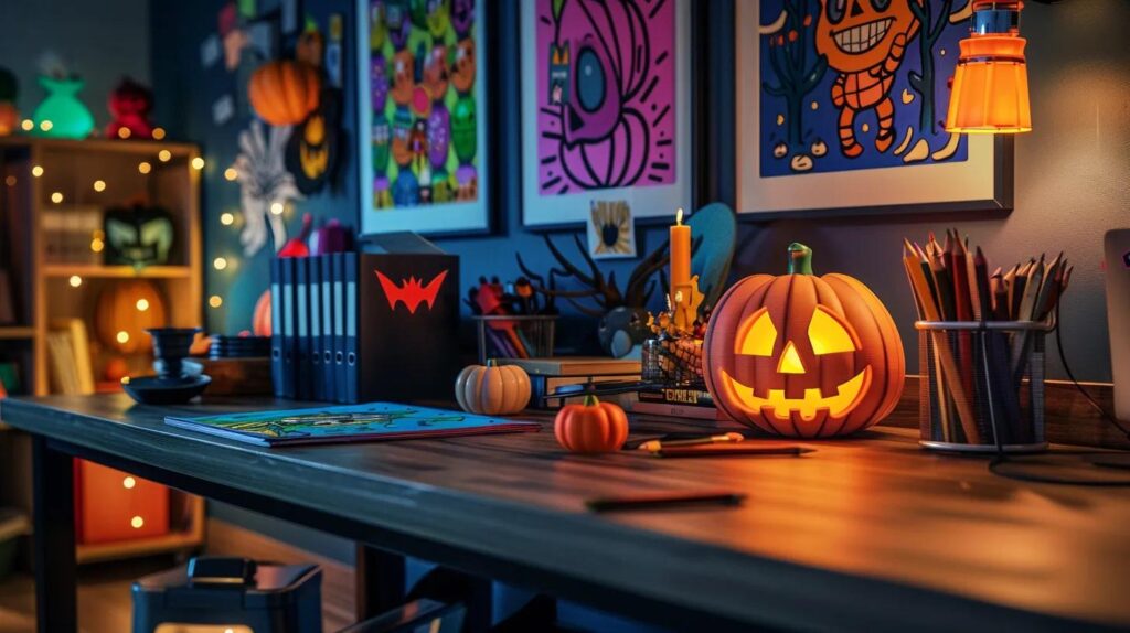 a vibrant, stylish office space adorned with a variety of halloween-themed coloring books displayed on a sleek desk, illuminated by warm, inviting lights that highlight intricate cover designs and whimsical illustrations.
