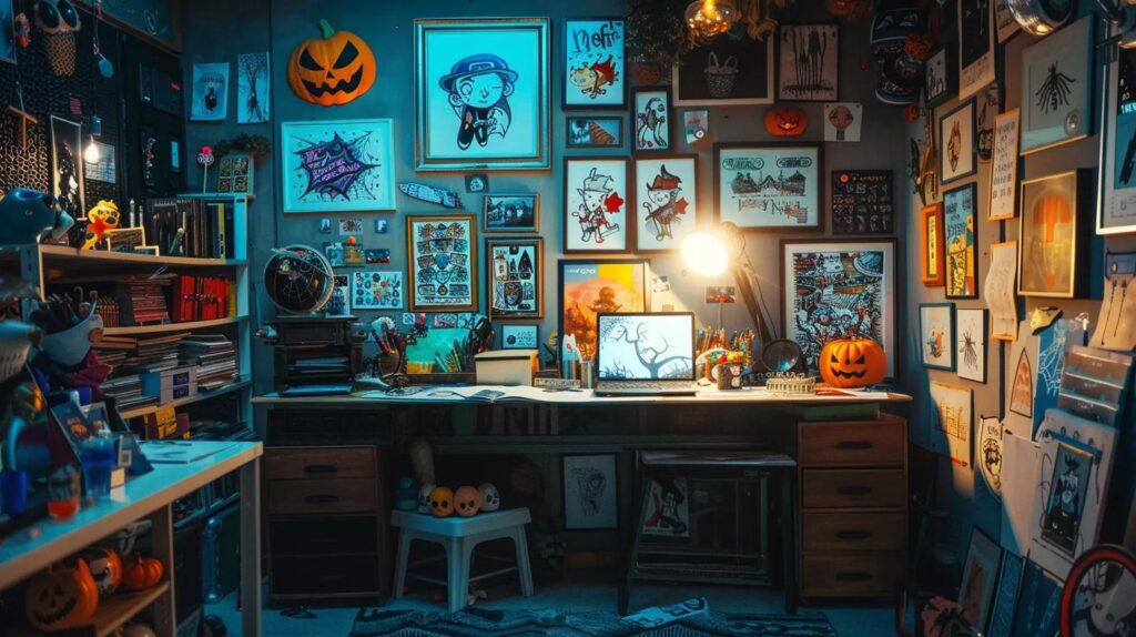 a vibrant, well-lit indoor studio showcases an artist's desk adorned with colorful completed halloween-themed coloring pages, each framed on the wall to inspire creativity and celebration.