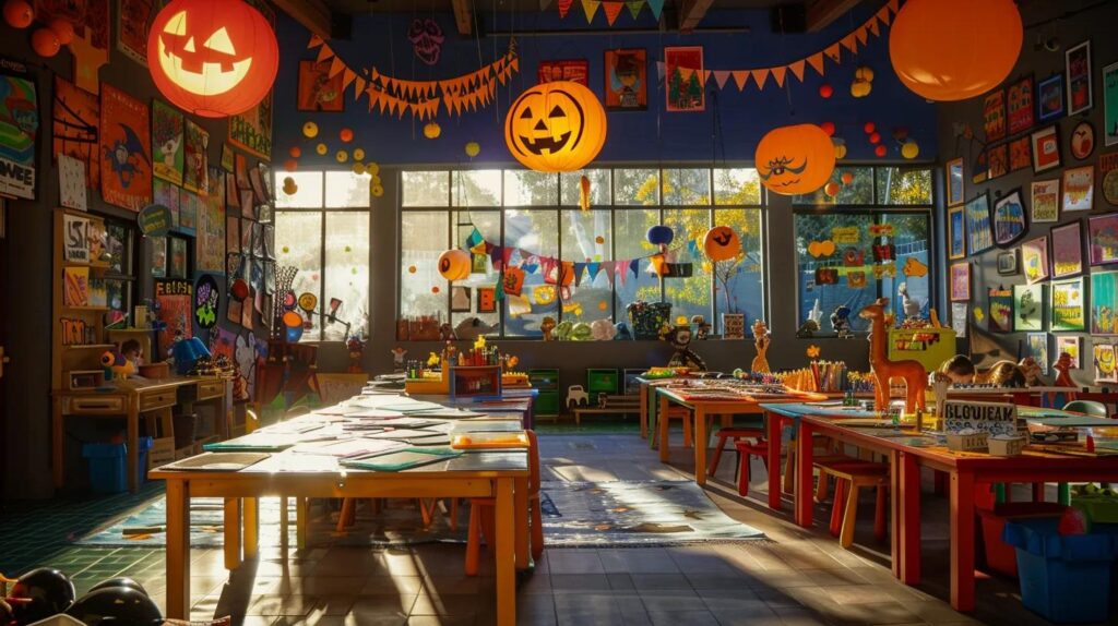 a vibrant, well-lit children's art studio filled with colorful halloween-themed coloring pages scattered across tables, where young artists excitedly showcase their imaginative creations amidst playful decorations.