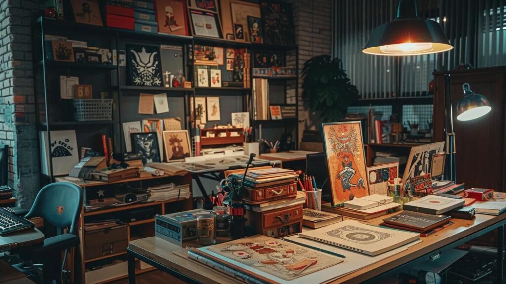 an inviting office space showcases a table cluttered with a variety of intricately designed halloween coloring books for adults, featuring both eerie illustrations and whimsical patterns, against a backdrop of warm, ambient lighting that enhances the festive atmosphere.