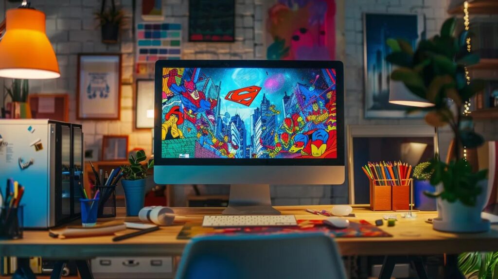 a brightly lit, modern home office with a sleek computer displaying vibrant superhero coloring sheets on the screen, surrounded by colorful printed sheets and art supplies, inviting creativity and playfulness.