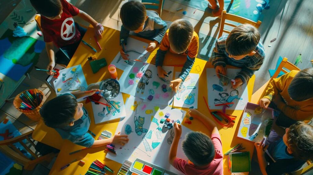 a vibrant, dynamic classroom scene showcases boys enthusiastically engaged in coloring superhero-themed pages, with colorful art supplies scattered around and their creativity visibly blooming, emphasizing the importance of artistic expression in their development.