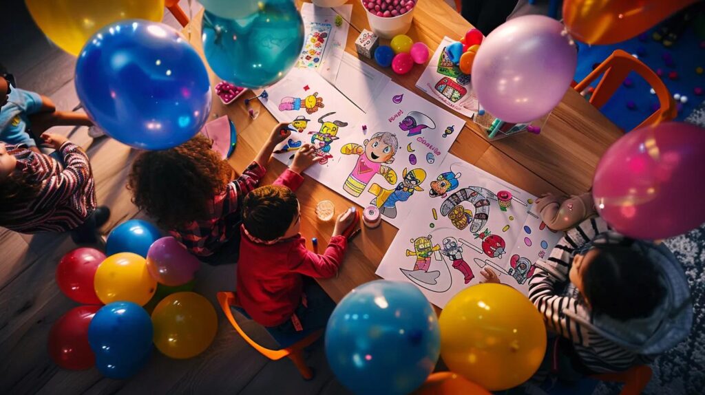 a vibrant, festive children’s party scene featuring colorful superhero-themed coloring sheets spread across a cheerfully decorated table, with balloons and party hats, conveying a sense of joy and creativity.