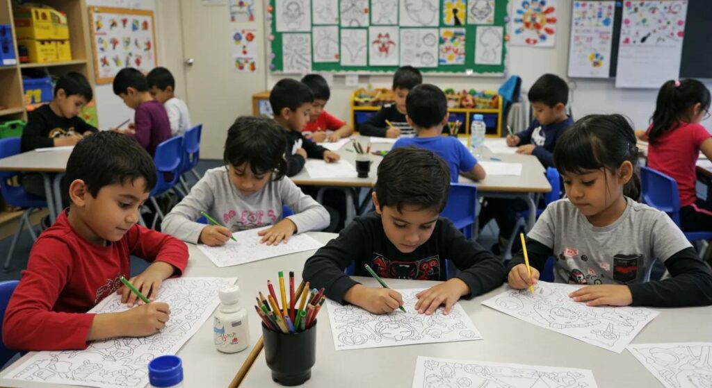 a vibrant, modern classroom filled with enthusiastic children engaged in coloring dynamic marvel superhero pages, featuring iconic characters like spider-man and iron man displayed on colorful printouts around them.