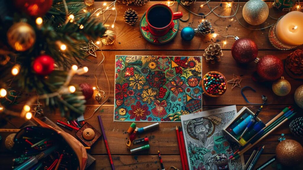 a bright, cozy indoor setting featuring an array of colorful, festively designed christmas coloring pages sprawled across a wooden table, surrounded by vibrant art supplies and twinkling holiday decorations.