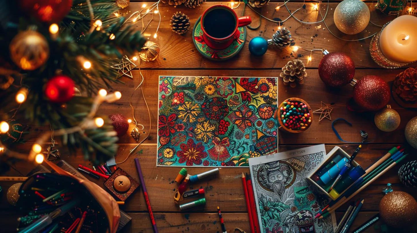 a bright, cozy indoor setting featuring an array of colorful, festively designed christmas coloring pages sprawled across a wooden table, surrounded by vibrant art supplies and twinkling holiday decorations.