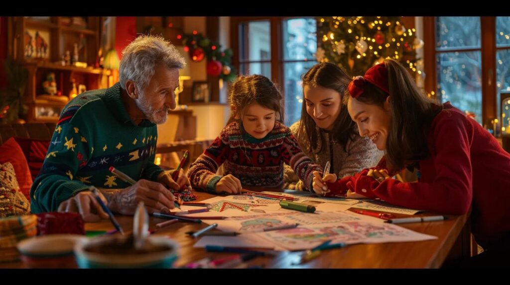 a bustling, cheerful family gathered around a polished wooden table in a warmly lit living room, joyfully coloring vibrant christmas-themed pages adorned with whimsical designs, showcasing the spirit of creativity and togetherness during the holiday season.
