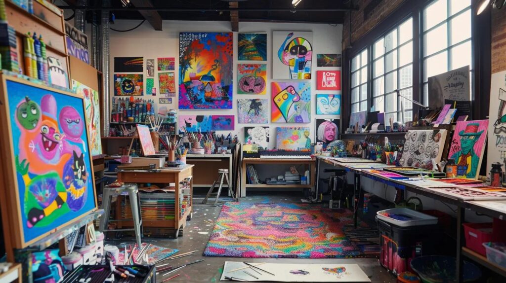 a colorful and dynamic urban art studio filled with printable halloween coloring sheets, surrounded by an array of vibrant art supplies and techniques, showcasing a lively atmosphere of creative expression and festive spirit.