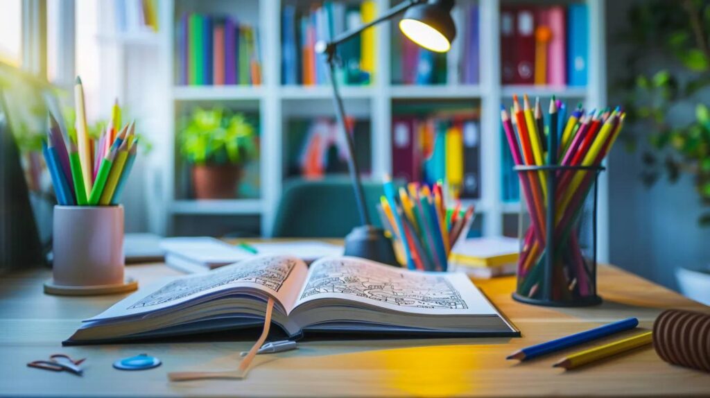 a cozy and modern office space with a large, inviting coloring book open on a sleek desk, surrounded by vibrant colored pencils, radiating a sense of calm and creativity that symbolizes the therapeutic benefits of coloring for anxiety relief.