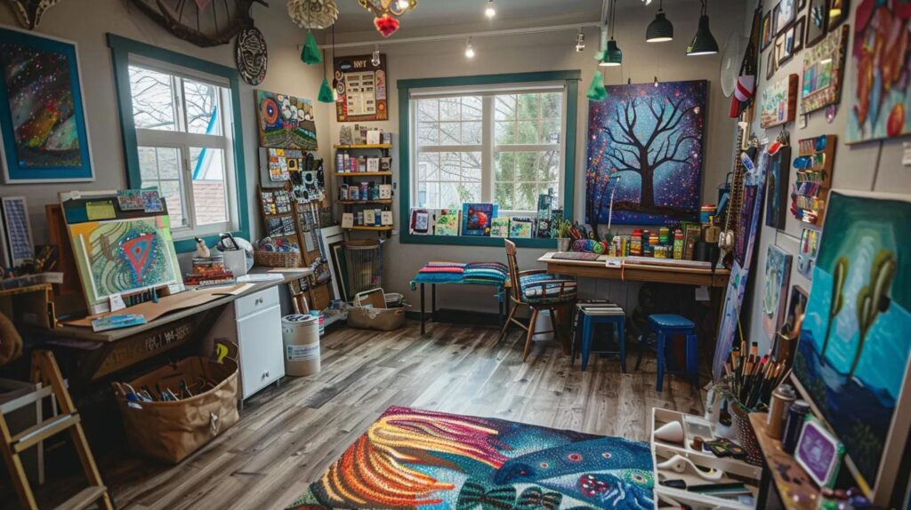 a cozy art therapy studio with vibrant artworks on the walls, showcasing an adult engaged in a creative process, surrounded by various art supplies, fostering introspection and emotional expression.