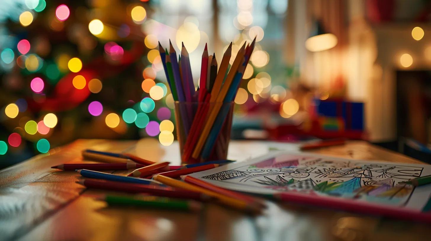 a cozy indoor setting featuring a brightly colored table adorned with festive christmas coloring pages, vibrant colored pencils scattered around, and soft, warm lighting that enhances a serene atmosphere of relaxation and creativity.