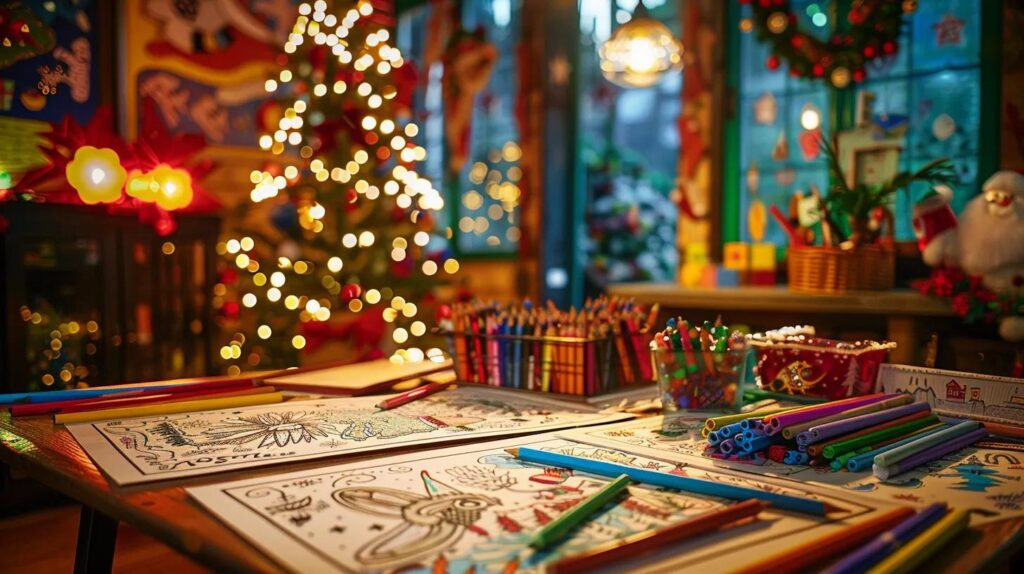 a cozy indoor space filled with an array of colorful christmas-themed coloring sheets showcasing festive designs, each tailored for children and adults, neatly arranged on a vibrant tabletop surrounded by cheerful holiday decorations.