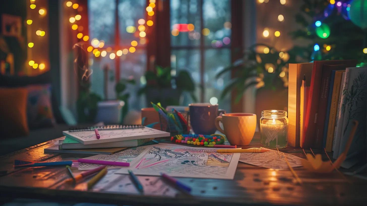 a cozy indoor workspace features a neatly arranged table with vibrant adult coloring pages, an array of colorful markers, and a steaming cup of tea, all illuminated by warm, inviting ambient light.