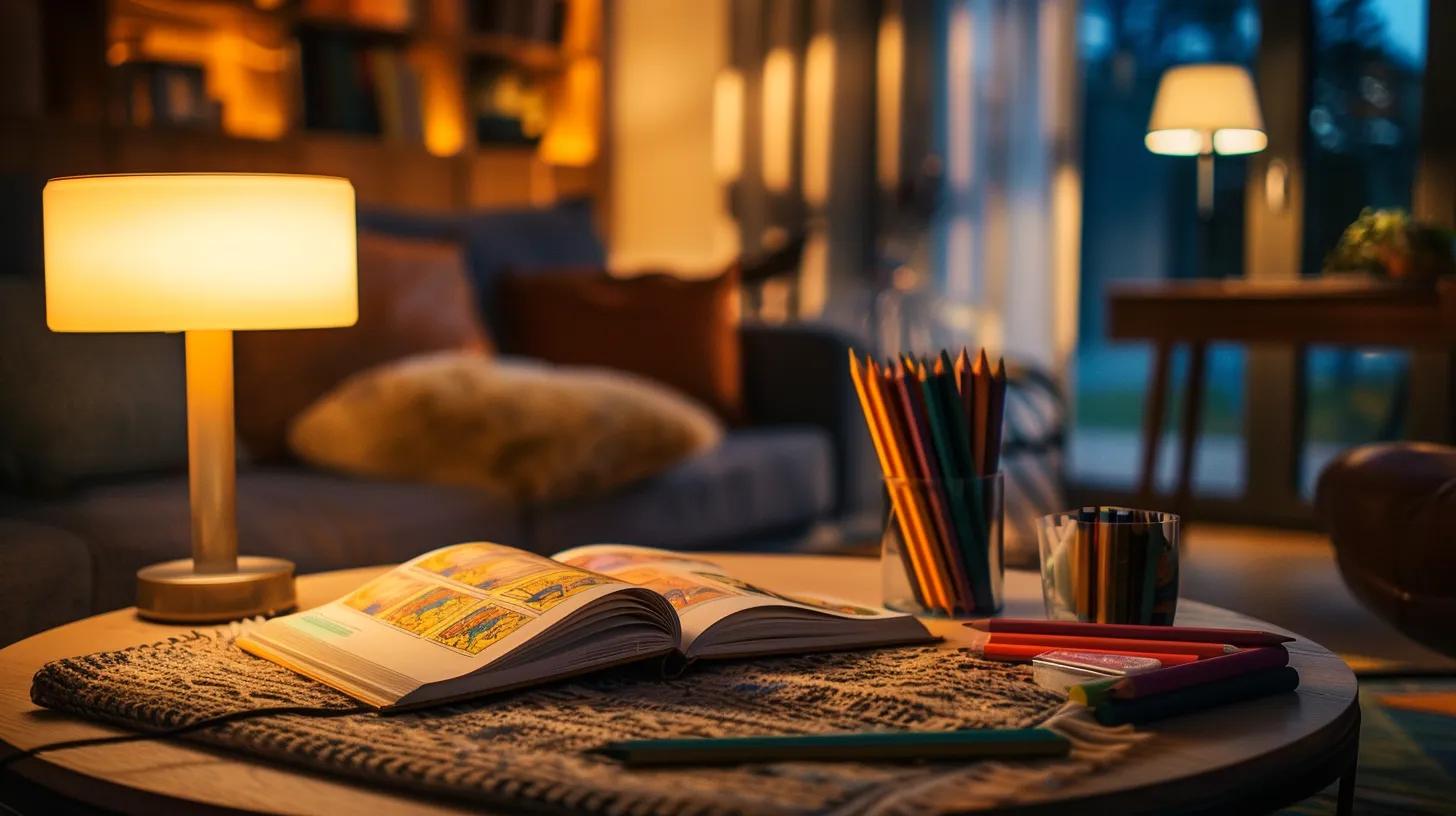 a cozy, inviting indoor space features an adult coloring book spread open on a stylish coffee table, surrounded by vibrant colored pencils, as warm light cascades from a modern desk lamp, creating an atmosphere of tranquility and focus.
