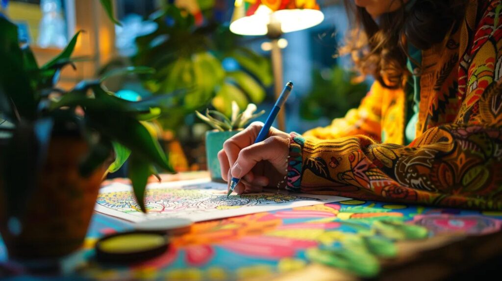 a cozy, inviting indoor space features an adult engaged in a vibrant coloring session with intricate patterns and colors spilling across the table, illuminated by warm, focused lighting that fosters a calming and creative atmosphere.