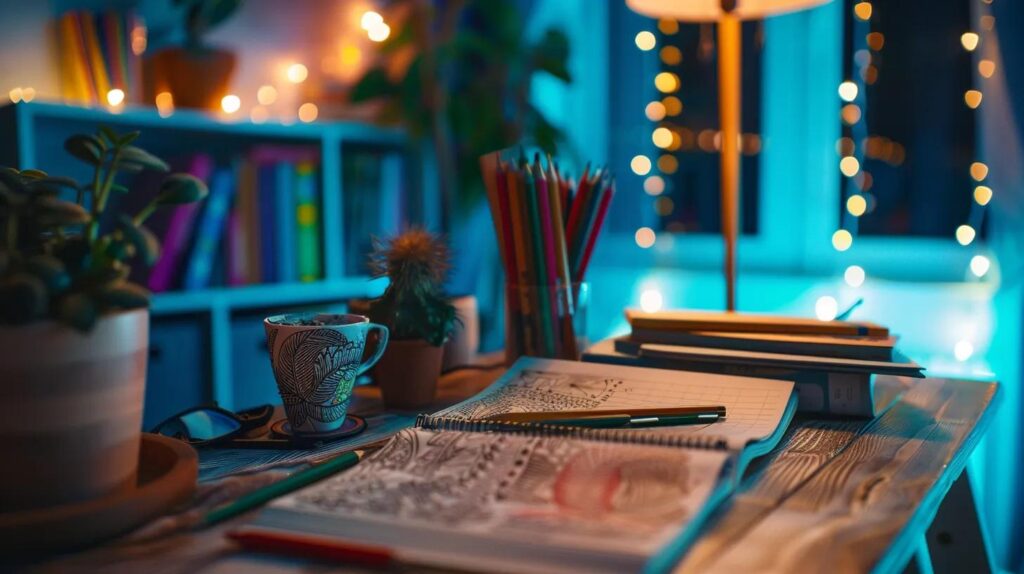 a cozy, inviting workspace features a beautifully arranged set of adult coloring books and vibrant colored pencils, with soft overhead lighting casting a warm glow, emphasizing the therapeutic escape of creative expression.