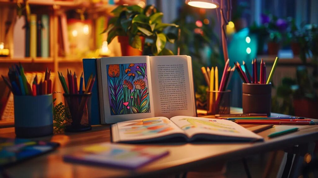 a cozy urban workspace featuring a colorful adult coloring book open on a sleek desk, surrounded by vibrant colored pencils and calming decor, bathed in warm, focused lighting.