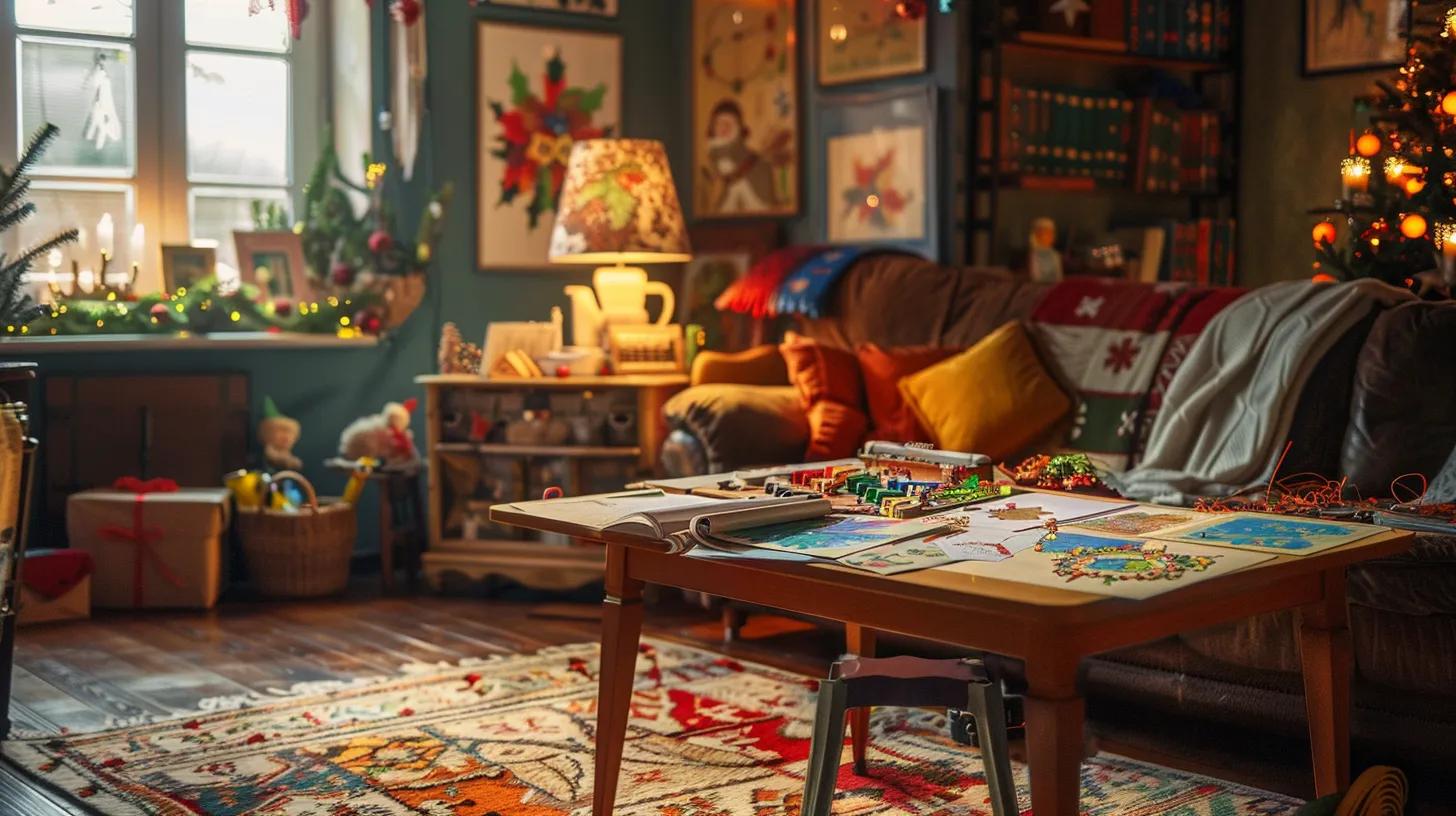 a cozy, warmly lit living room adorned with vibrant christmas decorations, featuring a large table scattered with colorful holiday-themed coloring illustrations and art supplies, inviting festive creativity.