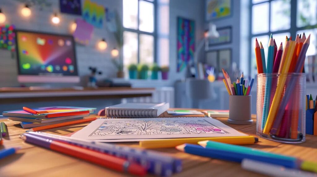 a cozy, well-lit office space features an elegant arrangement of adult coloring books and vibrant colored pencils spread across a stylish desk, inviting a sense of tranquility and focused creativity amidst a backdrop of organized chaos.