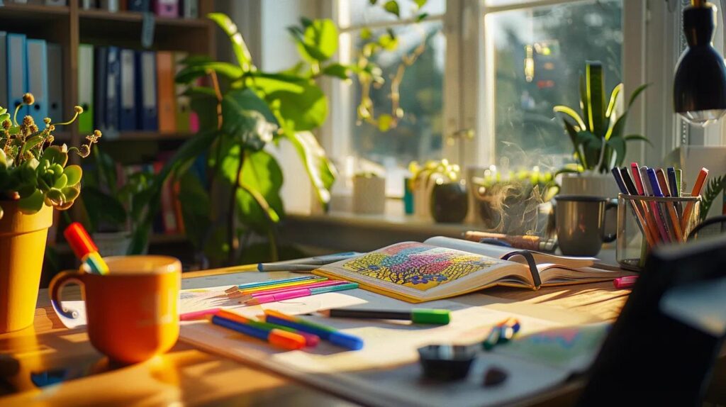 a cozy, well-lit office space features a close-up of a vibrant adult coloring book open on a desk, surrounded by colorful markers and a steaming cup of herbal tea, encapsulating a serene atmosphere of stress relief and creative relaxation.