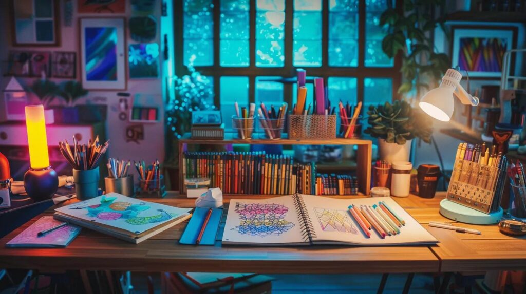 a cozy workspace is laid out with an array of vibrant coloring tools and a neatly arranged sketchbook, illuminated by warm desk lighting, creating a serene atmosphere for a peaceful coloring session.