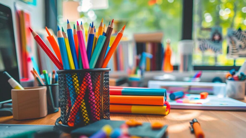 a neatly arranged workspace featuring an array of high-quality coloring tools, including vibrant markers and pencils, set against a minimalist desk backdrop that conveys a sense of focus and mindfulness.