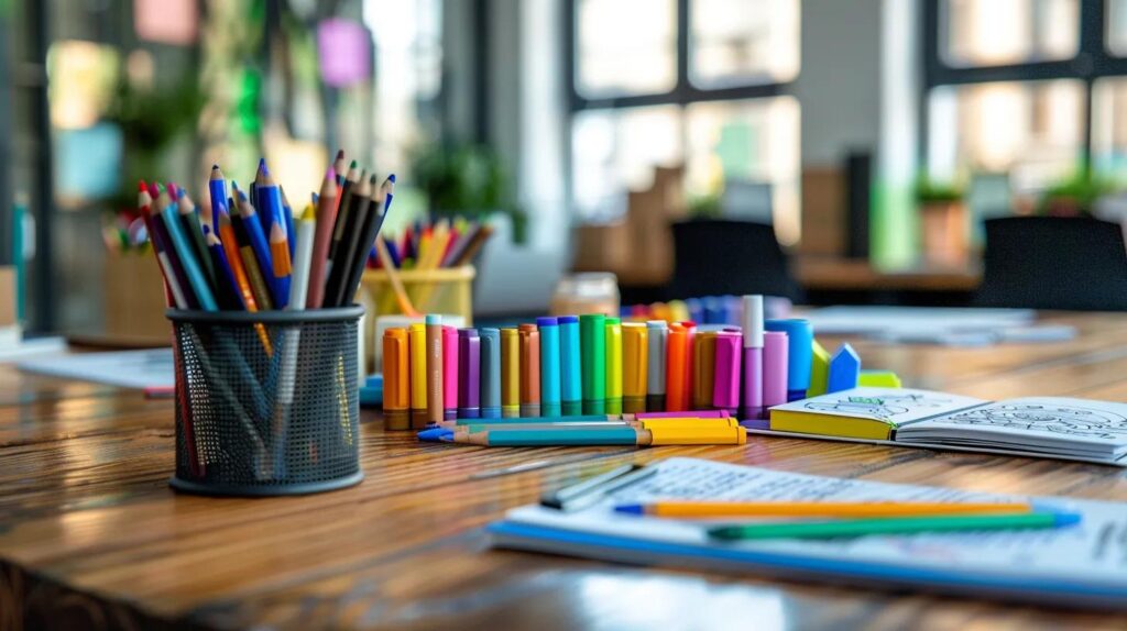 a serene and inviting office space features a vibrant set of adult coloring books and an array of colorful markers spread across a polished wooden desk, inspiring a sense of calm and creativity in the midst of a busy urban environment.