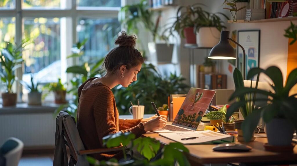 a serene and vibrant office space, featuring an adult deeply engaged in coloring intricate designs, surrounded by a warm ambiance that radiates creativity and tranquility.
