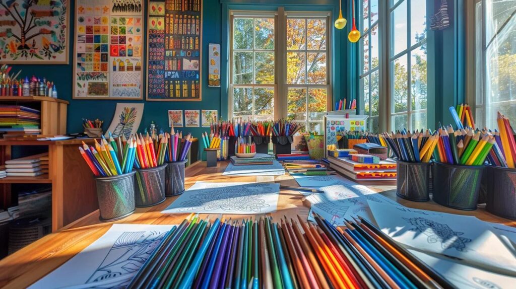a serene indoor art therapy studio, filled with vibrant adult coloring pages and an array of colored pencils, showcasing an engaging creative atmosphere designed to enhance relaxation and focus.