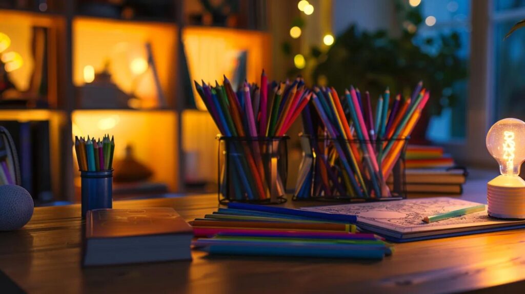 a serene indoor space is filled with various intricate adult coloring books and vibrant colored pencils arranged on a sleek modern table, illuminated by soft, warm lighting to convey a sense of calm and mindfulness.