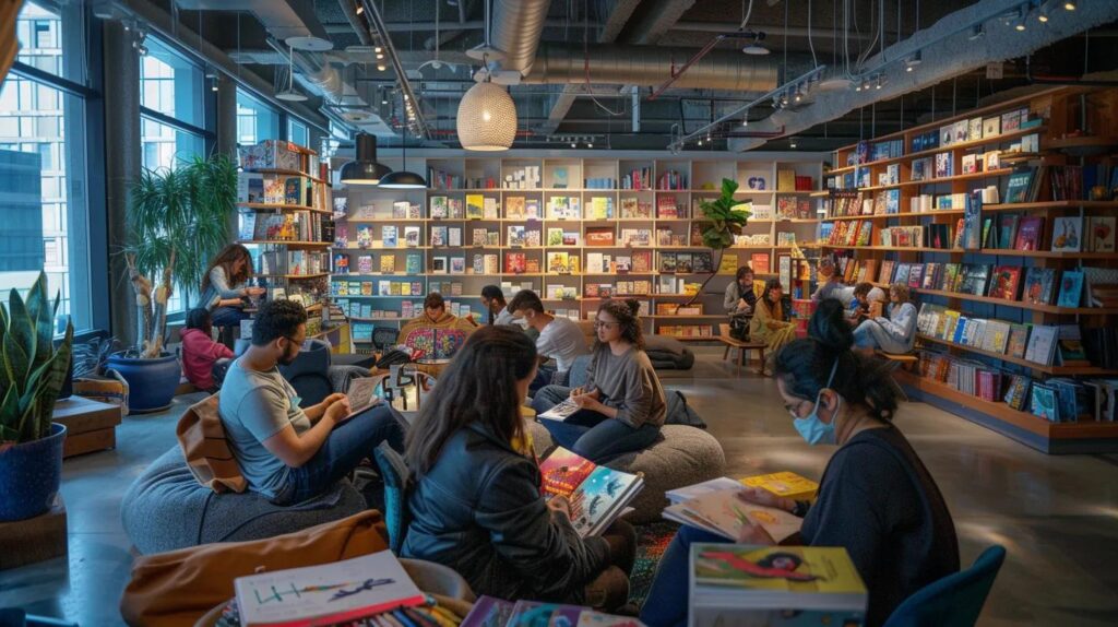 a serene indoor space features a diverse group of adults engrossed in vibrant, intricately designed coloring books, creating a harmonious atmosphere of relaxation and emotional release under soft, warm lighting.