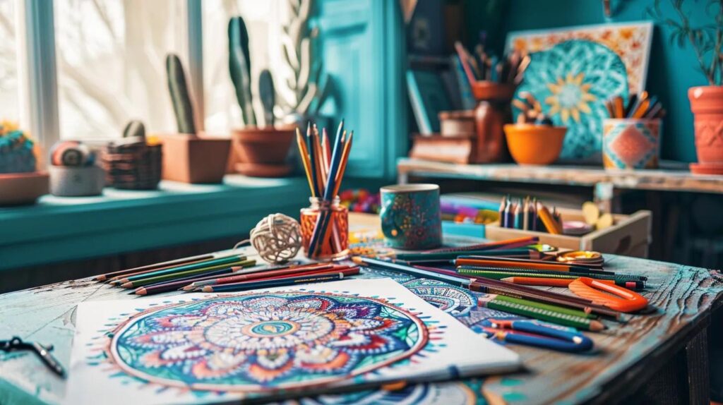 a serene indoor workspace is beautifully arranged with vibrant coloring materials, including carefully selected pencils and intricate mandala patterns laid out, promoting a calming atmosphere ideal for mindful coloring practice.