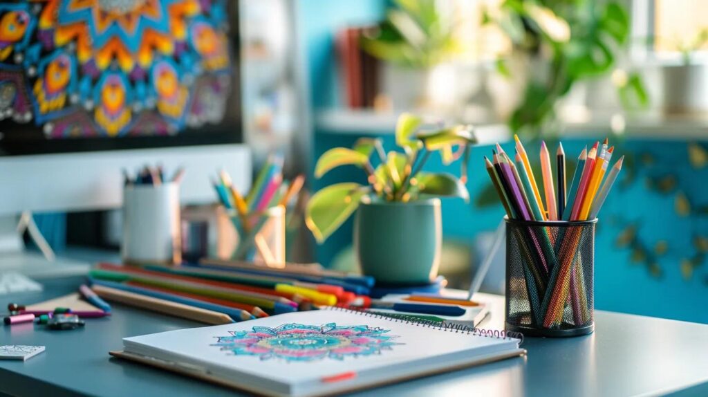 a serene, modern office space features an intricately designed mandala coloring book open on a sleek desk, with vibrant colored pencils carefully arranged alongside, emphasizing the calming ritual of coloring as a focused escape from anxiety.