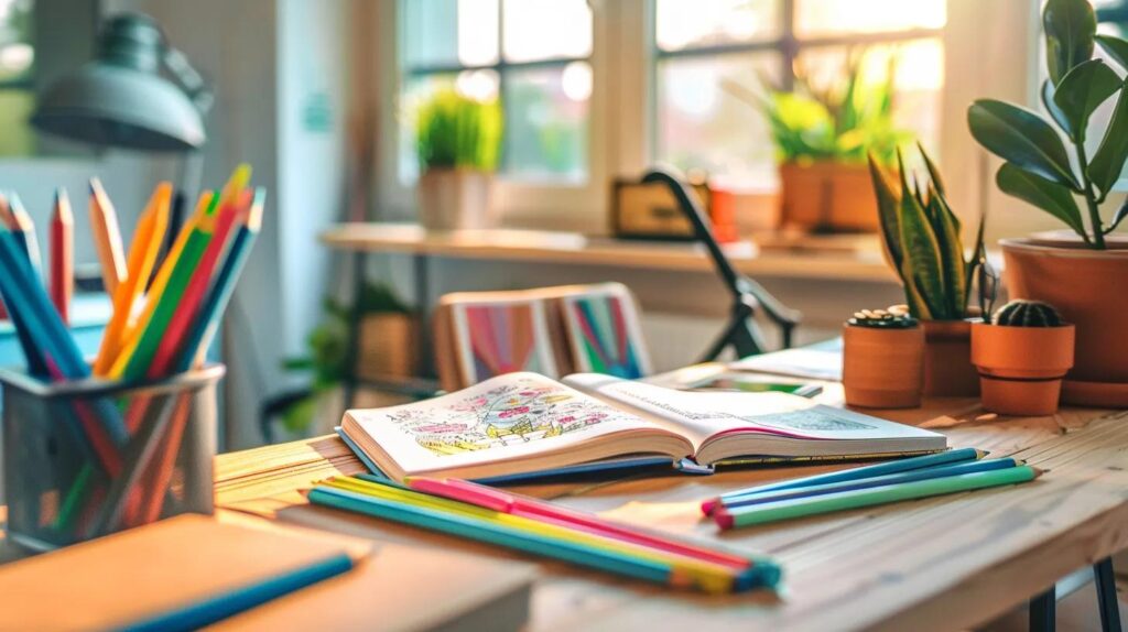 a serene office environment features a brightly lit workspace with an open coloring book on a modern desk, surrounded by a scattered array of vibrant colored pencils, inviting a sense of calm and focus for stress reduction.